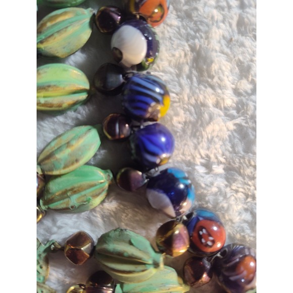 Artisan African Trade Necklace 41" Millefiori Beads Brass Black Bold Ethnic - Picture 5 of 16